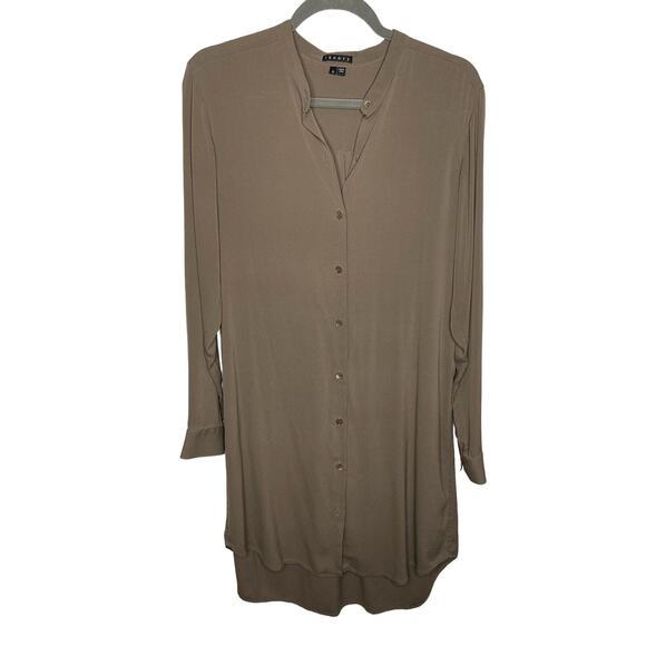 Theory Long Sleeve Button Front High Low Tunic Shirt Dress Brown Size 6 - Picture 3 of 6